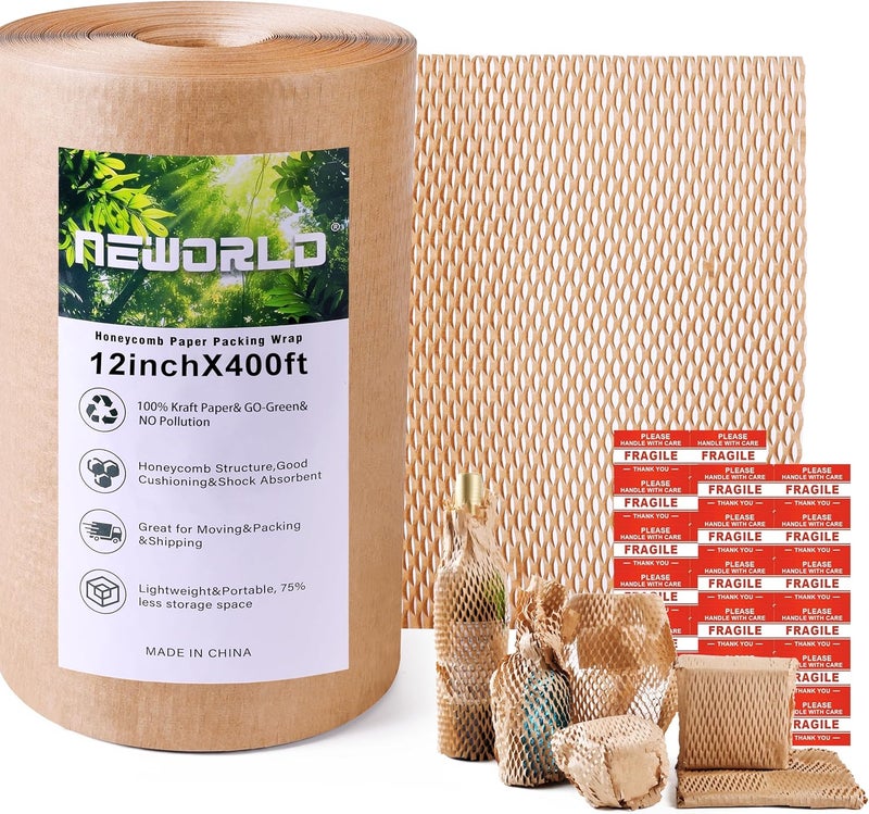 NEWorld ورق تعبئة على شكل خلية نحل، 12" × 400' لفافة فقاعية صديقة للبيئة للتغليف، ورق تغليف للمنتجات والهدايا، مادة تعبئة قابلة لإعادة التدوير مع 20 ملصق هش - Image 1